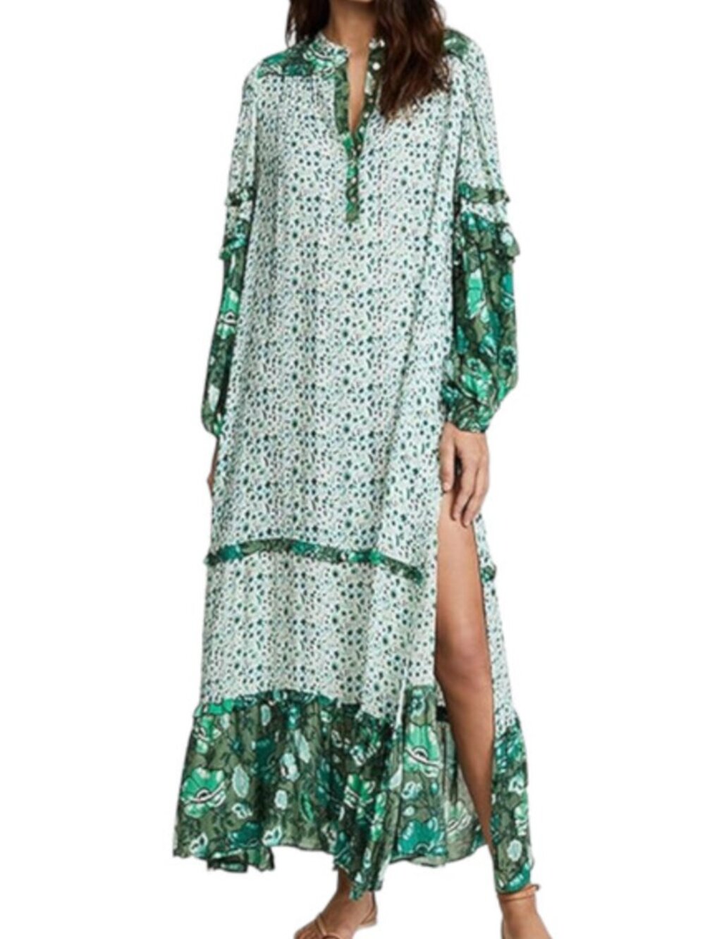 R. Vivimos Boho Floral Maxi Dress Green White Tiered Ruffle Long Sleeve